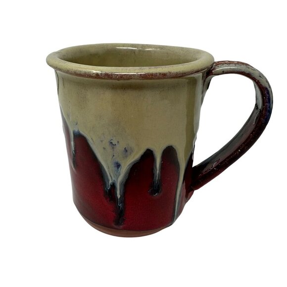 Handcrafted Ceramic Coffee Mug Redware Drip Glaze Rustic Cross Floral Handle - Picture 9 of 16